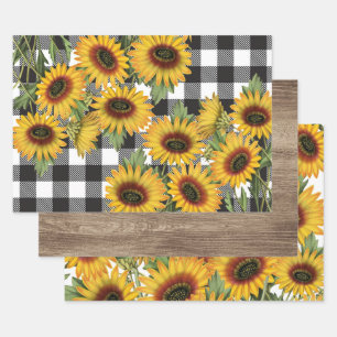 Sonnenblumen Holz Büffel Kariert Geschenkpapier Set
