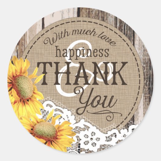 Sonnenblumen Holz Spitzen Rustikales Land Hochzeit Runder Aufkleber (Vorderseite)