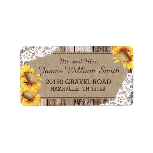 Sonnenblumen Holz und Spitzen Rustikales Hochzeits Adressaufkleber (Vorne)