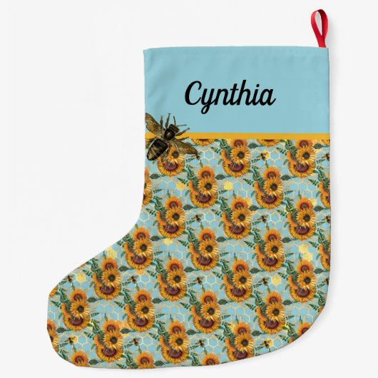 Sonnenblumen Honigwabe und Bienen Türkis und Gold Großer Weihnachtsstrumpf (Rückseite)