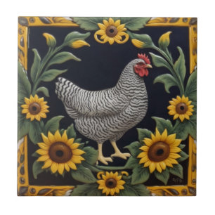 Sonnenblumen-Huhn - Graue Henne & Sonnenblumen Fliese