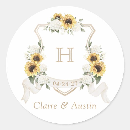 Sonnenblumen Hydrangea Greenery Wappen Umschlag Runder Aufkleber (Vorderseite)