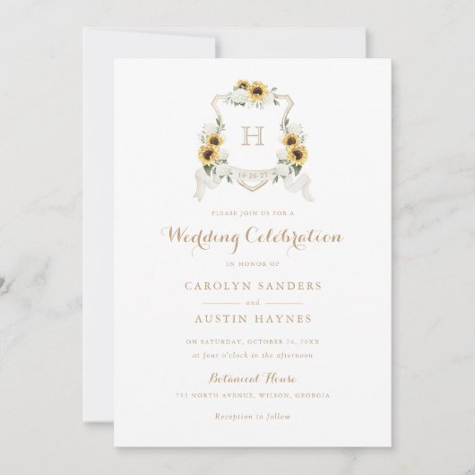 Sonnenblumen Hydrangea Wappen Monogram Wedding Einladung (Vorderseite)