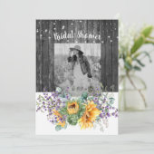 Sonnenblumen II Lavendel Foto Rustikales Brautpart Einladung (Stehend Vorderseite)