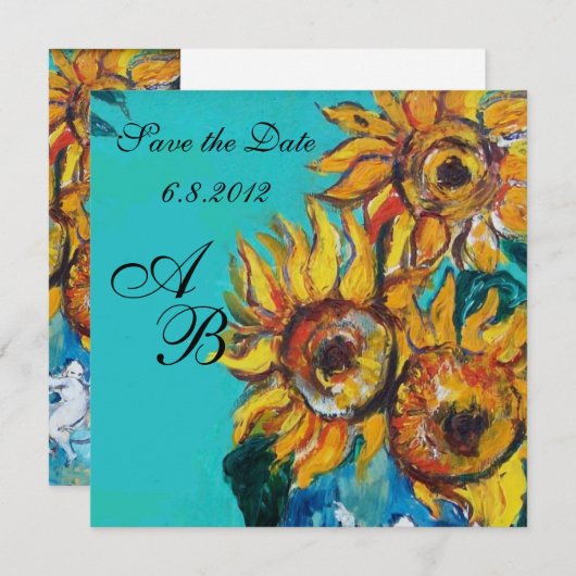 SONNENBLUMEN IM BLAUEN TÜRKISCHEN MONOGRAMM DES SO SAVE THE DATE (Vorne/Hinten)