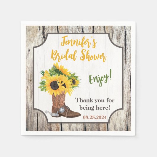 Sonnenblumen im Cowboy Boot Brautparty Serviette (Vorderseite)