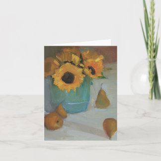 Sonnenblumen im Keramik-Topf mit Birnen - eine Karte