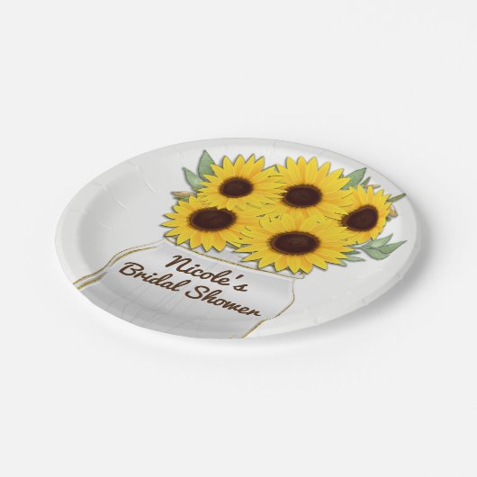 Sonnenblumen im Mason Jar Rustikales Chic Brautpar Pappteller (Schrägansicht)