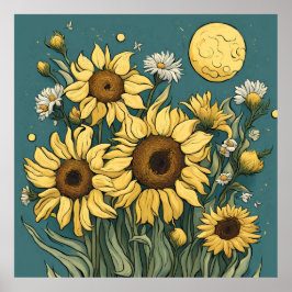 Sonnenblumen im Vollmond Van Gogh Stil Poster
