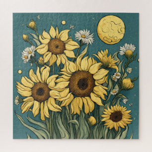 Sonnenblumen im Vollmond Van Gogh Stil Puzzle