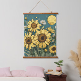 Sonnenblumen im Vollmond Van Gogh Stil Wandteppich Mit Holzrahmen