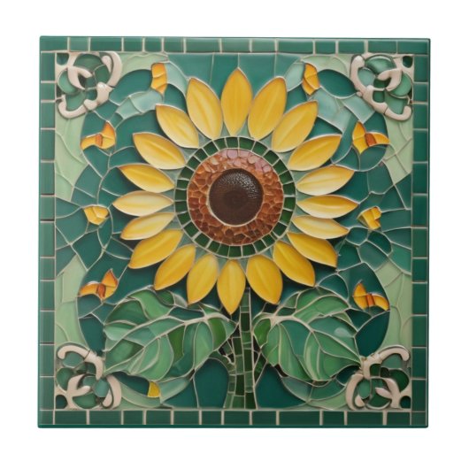 Sonnenblumen Imitate Mosaik Dunkelgrün Fliese (Vorderseite)