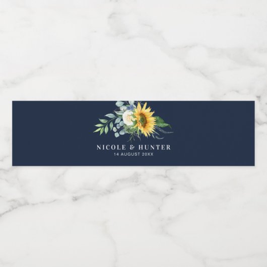 Sonnenblumen in Aquarellen, blaue Hochzeit Wasserflaschenetikett (Einzelnes Label)