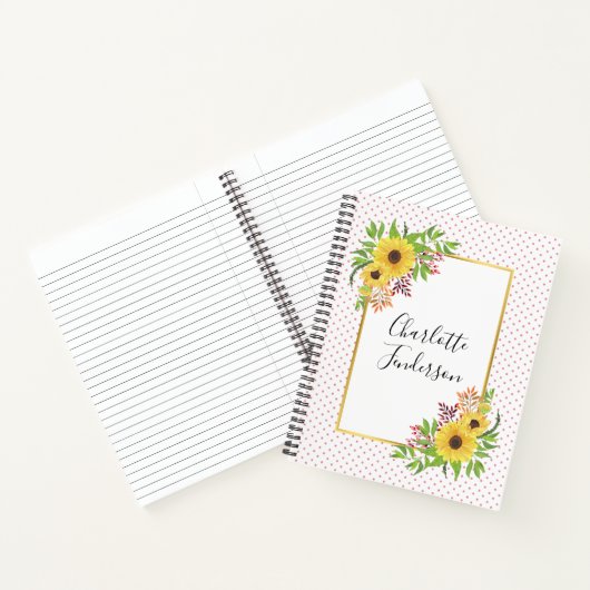 Sonnenblumen in Aquarellen, rosa und weiße Polka-P Notizblock (Innenseite)