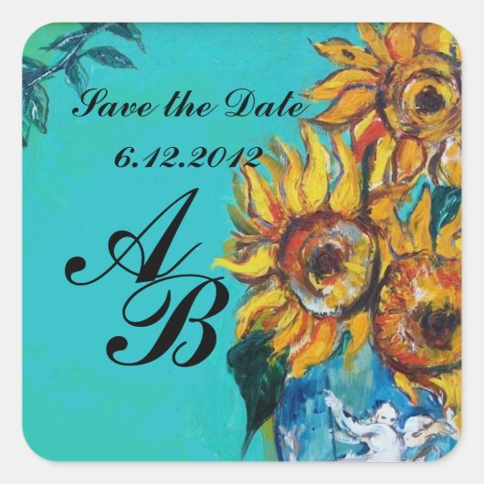 SONNENBLUMEN IN BLAU, AQUAMARIN, Save the Date, Mo Quadratischer Aufkleber (Vorderseite)