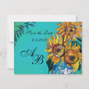 SONNENBLUMEN IN BLAU TURKIS SOMMER-PARTY-MONOGRAMM EINLADUNG