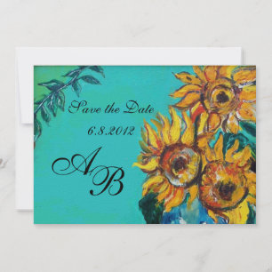 SONNENBLUMEN IN BLAU TURKIS SOMMER-PARTY-MONOGRAMM EINLADUNG