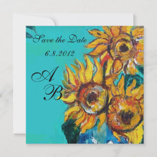 SONNENBLUMEN IN BLAU TURKIS SOMMER-PARTY-MONOGRAMM EINLADUNG
