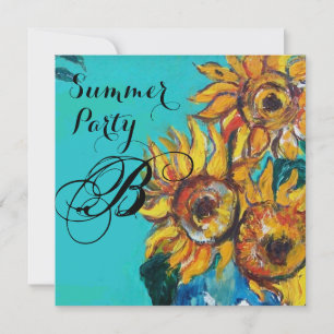 SONNENBLUMEN IN BLAU TURKOIS SOMMER-PARTY-MONOGRAM EINLADUNG