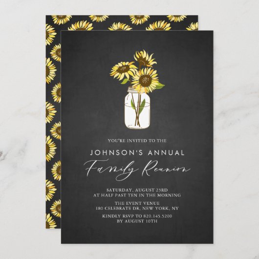 Sonnenblumen in Mason Jar Chalkboard Family Wieder Einladung (Vorne/Hinten)
