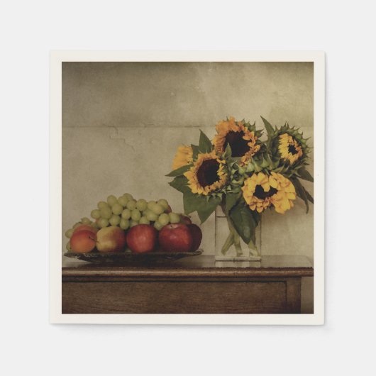Sonnenblumen in Vase, Obstschale auf dem Tisch Serviette (Vorderseite)