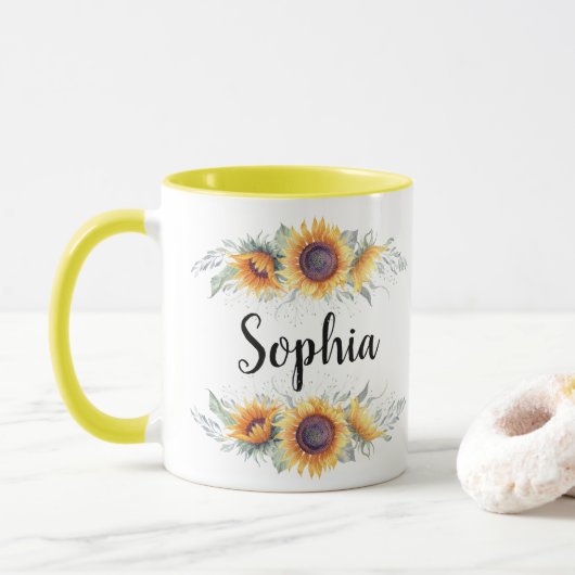 Sonnenblumen-Individuelle Name Tasse (Mit Donut)