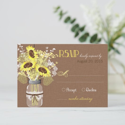 Sonnenblumen Jar Burlap Rustic RSVP Card (Stehend Vorderseite)