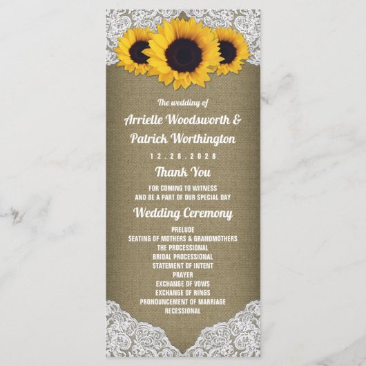 Sonnenblumen Jute und Spitze Rustikale Hochzeitspr Programm (Vorderseite)