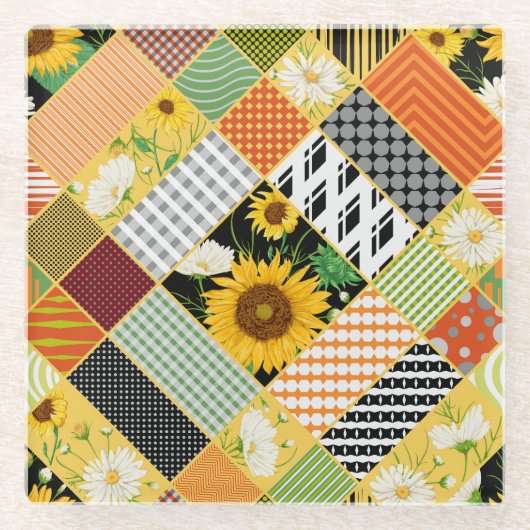Sonnenblumen Kamille, Patchwork Wasserfarbe. Glasuntersetzer (Vorderseite)