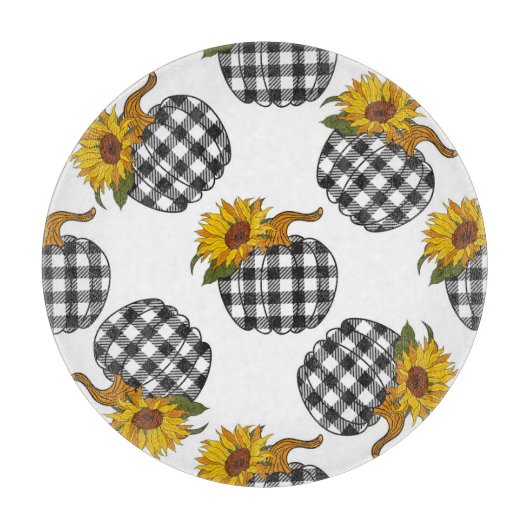 Sonnenblumen, karierter Kürbis, Bauernhaus-Dekorat Schneidebrett (Vorderseite)