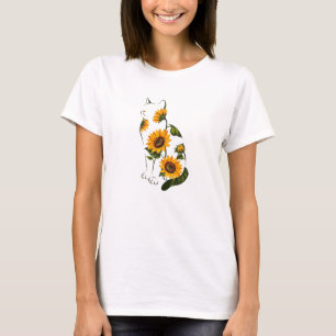 Sonnenblumen-Katze-Linienkunst T-Shirt