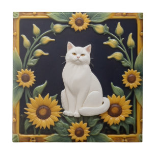 Sonnenblumen Katzen - Weiße Katze & Gelbe Sonnenbl Fliese