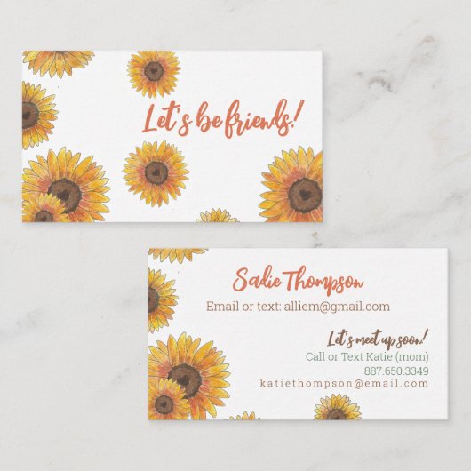 Sonnenblumen Kinder Kontaktkarte Telefonnummerkarte (Vorne/Hinten)