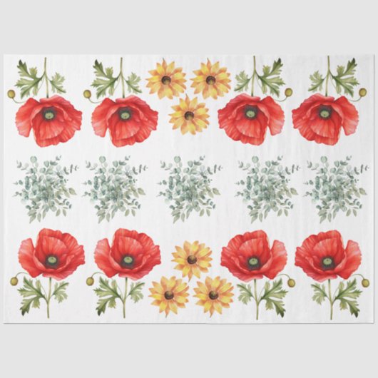 Sonnenblumen, Klatschmohn & Eukalyptus Decoupage Seidenpapier (Vorderseite)