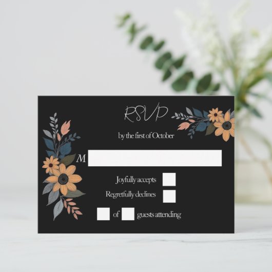 Sonnenblumen kontrastieren schwarze Hochzeit RSVP Karte (Stehend Vorderseite)