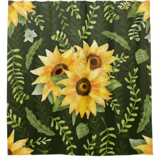 Sonnenblumen Kräuter Blätter Aquarellmuster Duschvorhang (Vorderseite)