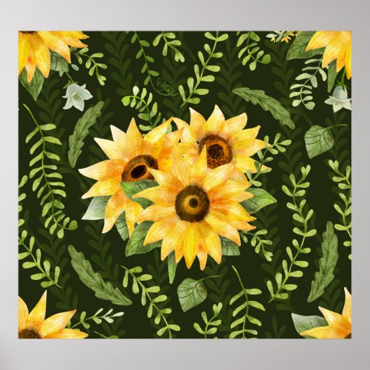 Sonnenblumen Kräuter Blätter Aquarellmuster Poster (Vorne)