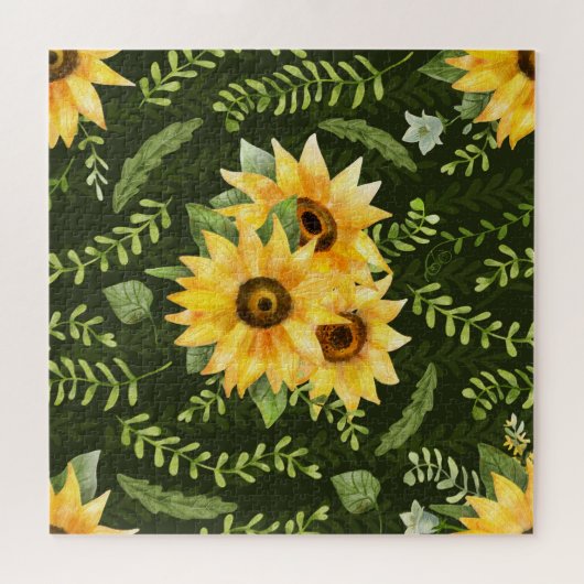 Sonnenblumen Kräuter Blätter Aquarellmuster Puzzle (Horizontal)