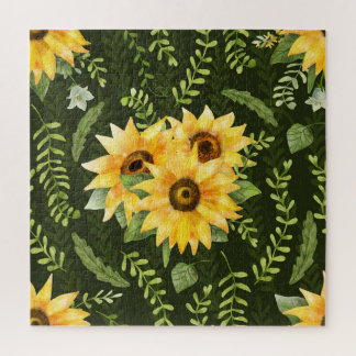 Sonnenblumen Kräuter Blätter Aquarellmuster Puzzle