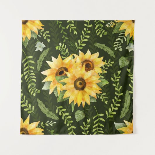 Sonnenblumen Kräuter Blätter Aquarellmuster Wandteppich (Vorderseite)