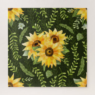 Sonnenblumen Kräuter Blätter Wasserfarbenmuster Puzzle
