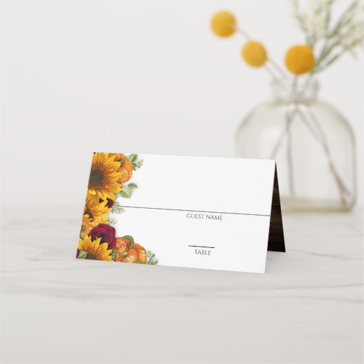 Sonnenblumen, Kürbispflanzen und Rose Platzkarten (Vorderseite)