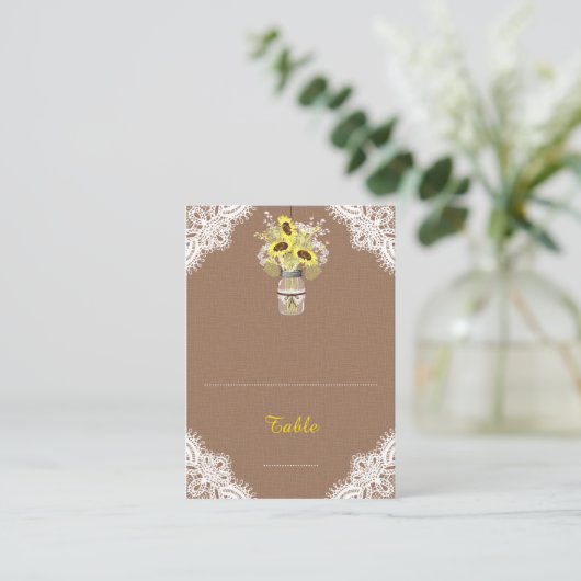 Sonnenblumen Lace Jar Rustic Wedding Platzkarten (Stehend Vorderseite)