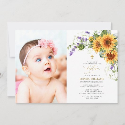 Sonnenblumen & Lavander Foto Taufe Einladung (Vorderseite)