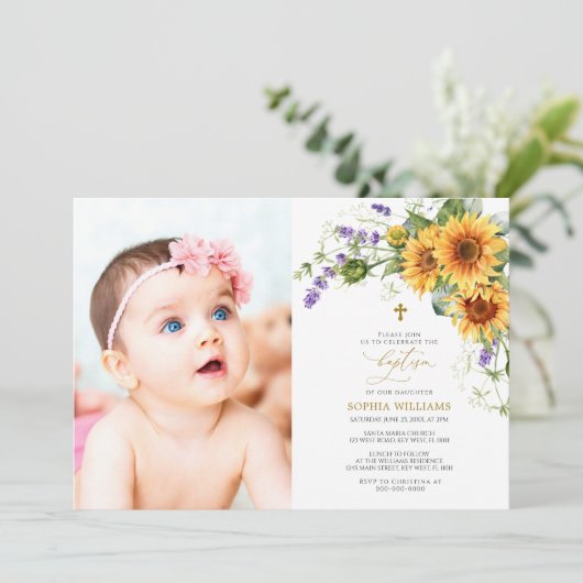 Sonnenblumen & Lavander Foto Taufe Einladung (Stehend Vorderseite)