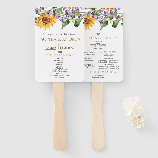 Sonnenblumen & Lavander Rustic Wedding Programm Fächer (Vorne und Hinten)