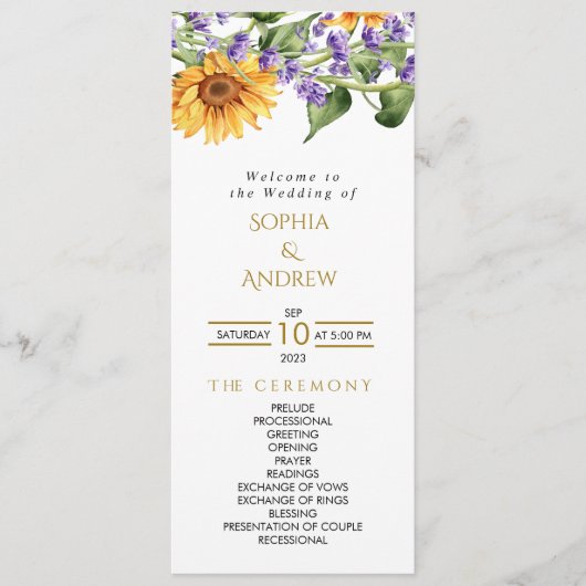 Sonnenblumen & Lavander Rustikale Hochzeitsprogram Programm (Vorderseite)
