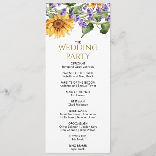 Sonnenblumen & Lavander Rustikale Hochzeitsprogram Programm (Rückseite)