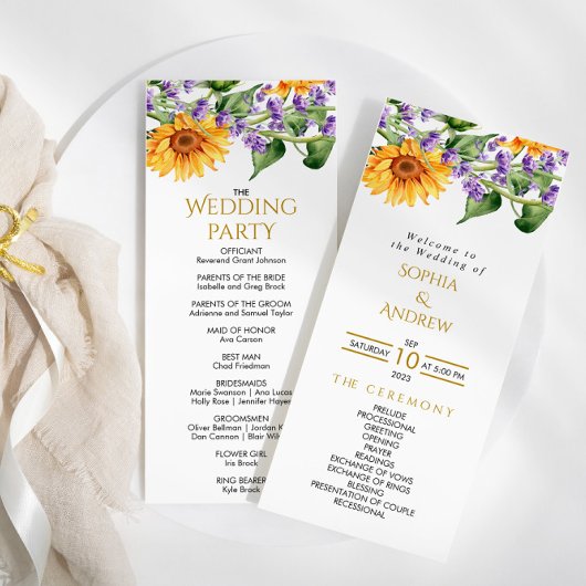 Sonnenblumen & Lavander Rustikale Hochzeitsprogram Programm