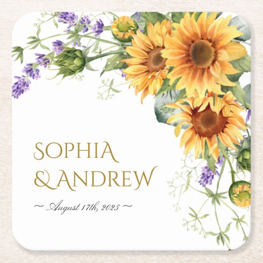 Sonnenblumen & Lavander Wedding Square Paper Unter Rechteckiger Pappuntersetzer (Vorderseite)
